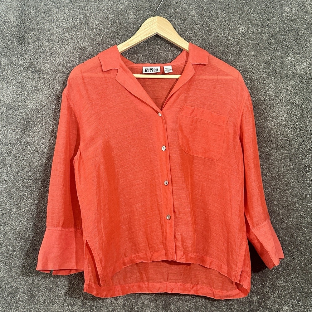 Chicos Design Linen Silk Blouse Sz S Coral Button Front Boxy Shirt Lagenlook